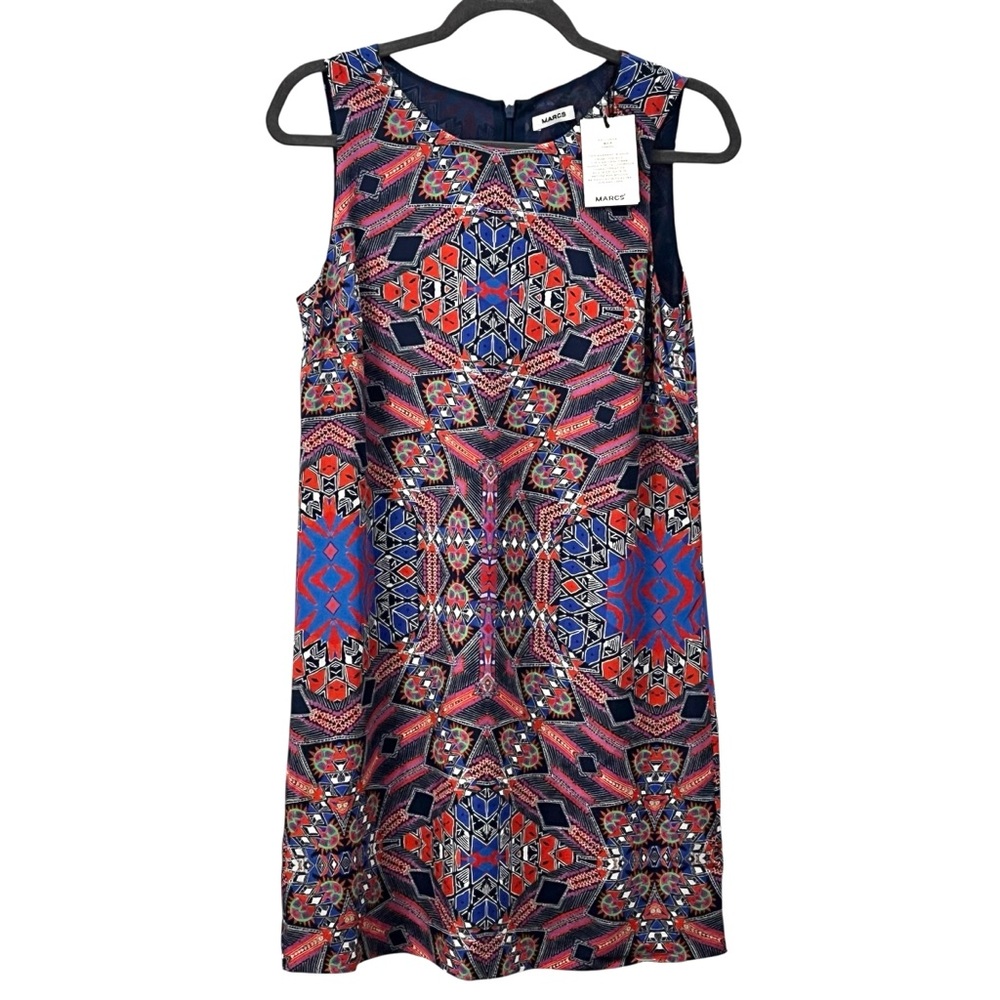 Marcs 100% Silk Tropical Tribal Print Sleeveless Dress Red Multi US Size 4 NWT